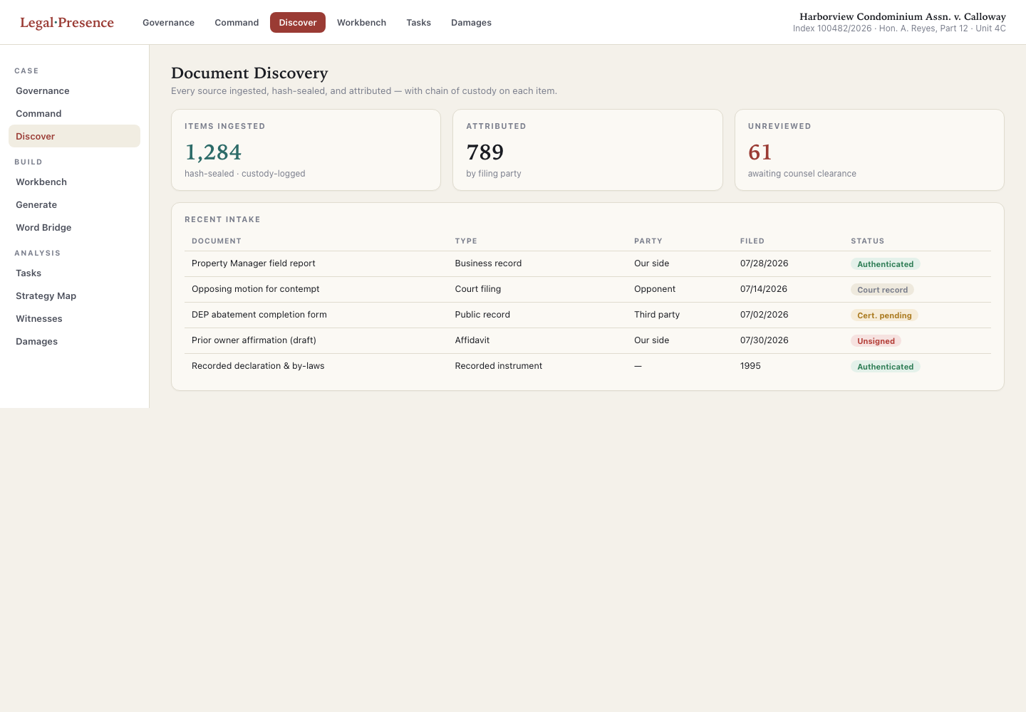 Discover precedent research: ranked cases with relevance scores and plaintiff serial-litigant profiles